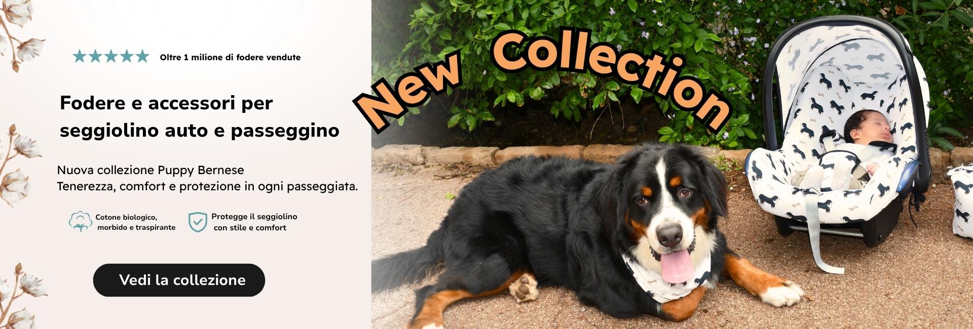 Collezione Puppy Bernese con accessori morbidi per seggiolino auto e passeggino by Jyoko.